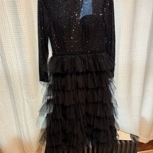 Mac Duggal Black Sequin Long Sleeve Cocktail Gown